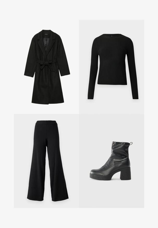 Even&Odd BELTED COAT - Klassinen takki - black; Mustat ribbitetut pitkähihaiset tiukat neuleet, joissa on pyöreä pääntie, esillä yksinkertaisella vaalealla taustalla.; Mustat väljät housut pehmeällä pinnalla, joissa on korkea joustava vyötärö ja suora, virtaava muotoilu, joka sopii ihanteellisesti mukavuuteen ja liikkuvuuteen.; Mustat nilkkurit, jotka on valmistettu sileästä nahasta. Niissä on sivuvetoketju, paksu teksturoitu korko ja pyöristetty kärki.