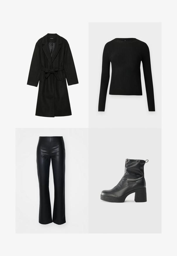 Even&Odd BELTED COAT - Klassisk frakke - black; Sort ribbet langærmet tætsiddende sweater med rund halsudskæring, præsenteret på en ensfarvet lys baggrund.; Sorte faux læder flared bukser med en glat tekstur, der har en tætsiddende talje og let flagrende ben, designet til at give en slank silhuet.; Sorte ankelstøvler lavet af glat læder, med en sidelukning, kraftig struktureret hæl og rundt tådesign.