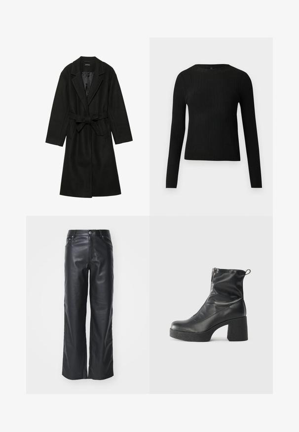 Even&Odd BELTED COAT - Klasisks mētelis - black; Melna, ribota, garām piedurknēm pieguļoša džemperis ar apaļu kakla izgriezumu, izlikta pret vienkāršu gaišu fonu.; Melnas ādas platlegu bikses ar gludu tekstūru, ar priekšējo pogas aizdari un piecu kabatu dizainu. Veidotas brīvā piegriezumā.; Melni potītes zābaki, kas izgatavoti no gludas ādas, ar sānu rāvējslēdzēju, masīvu strukturētu papēdi un noapaļotu purngalu.