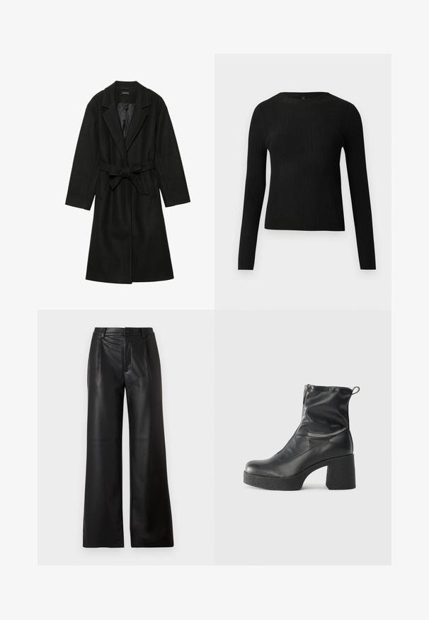 Even&Odd BELTED COAT - Casaco clássico - black; Suéter preto de mangas compridas com textura canelada, justo ao corpo, com um decote redondo, exibido contra um fundo claro e liso.; Calças largas pretas feitas de couro liso, com fecho na parte frontal e dois bolsos diagonais nas laterais frontais.; Botas de tornozelo pretas feitas de couro liso, com fecho lateral, salto grosso texturizado e design de bico arredondado.