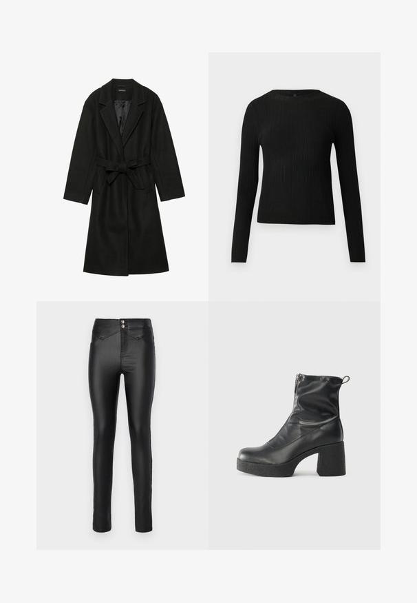 Even&Odd BELTED COAT - Klasični plašč - black; Črna rebrasta dolgosleeve prilegnjena pulover s krožnim ovratnikom, prikazan na enostavni svetli podlagi.; Črne, visokotakšne skinny kavbojke, izdelane iz gladkega, elastičnega materiala. Dva srebrna gumba na pasu in minimalni detajli šivanja.; Črne gležnjarje iz gladke kože z božnim zadrgo, masivnim teksturiranim peto in zaobljeno obliko prstov.