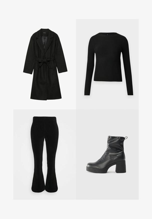 Even&Odd BELTED COAT - Klasisks mētelis - black; Melna, ribota, garām piedurknēm pieguļoša džemperis ar apaļu kakla izgriezumu, izlikta pret vienkāršu gaišu fonu.; Melnas korduroja bikses ar zvīņotu tekstūru, elastīgu jostasvietu un pieguļošu augšdaļu, kas pakāpeniski izplešas uz leju.; Melni potītes zābaki, kas izgatavoti no gludas ādas, ar sānu rāvējslēdzēju, masīvu strukturētu papēdi un noapaļotu purngalu.