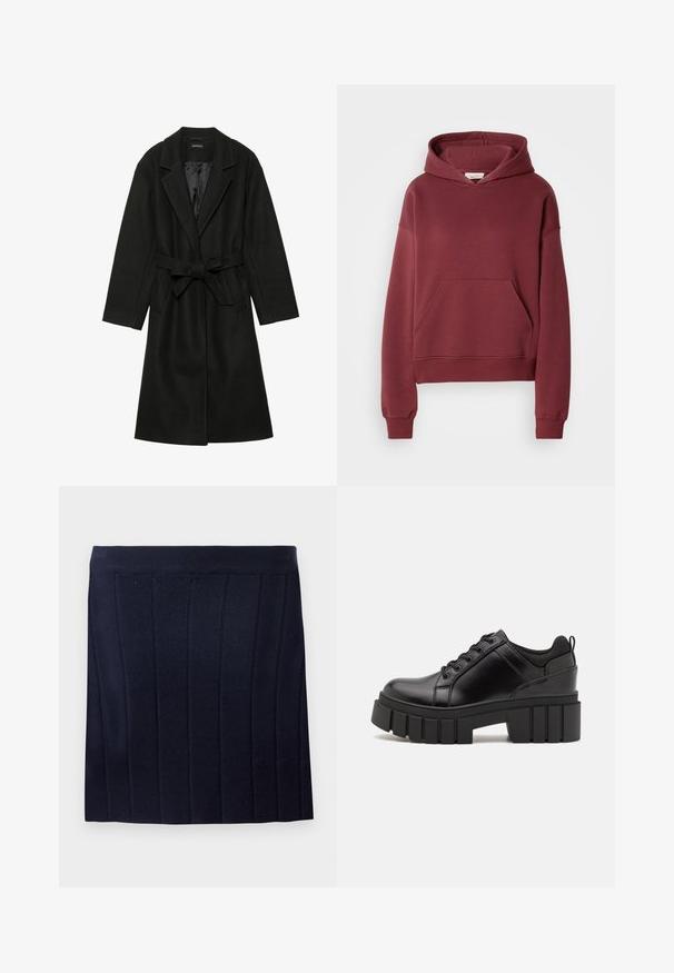 Even&Odd BELTED COAT - Klassischer Mantel - black; Burgunderfarbener Hoodie aus weichem Baumwollmischgewebe, mit einer Vordertasche, gerippten Bündchen und einer Kapuze mit Zugband. Glatte Textur, lockere Passform.; Object OBJTHESS - Minirock - sky captain; Schwarze Lederplateauschuhe mit klobigem Blockabsatz, runder Zehenpartie und traditionellem Schnürdesign. Verfügt über eine glatte Textur und minimale Details.