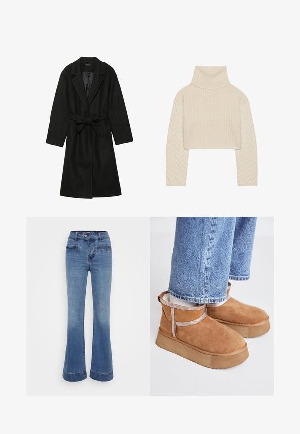 Even&Odd BELTED COAT - Manteau classique - black; Pull court couleur crème avec un col montant, un corps en tricot texturé et des manches à motif chevron. Fabriqué en matériau doux en fil.; Jeans en denim évasés bleu moyen avec une taille haute, des poches avant et des coutures contrastées. Le tissu est doux avec une finition légèrement déchirée.; Bottines en suède marron avec une semelle épaisse et texturée. Elles présentent une sangle décorative avec un motif à carreaux autour de la cheville.