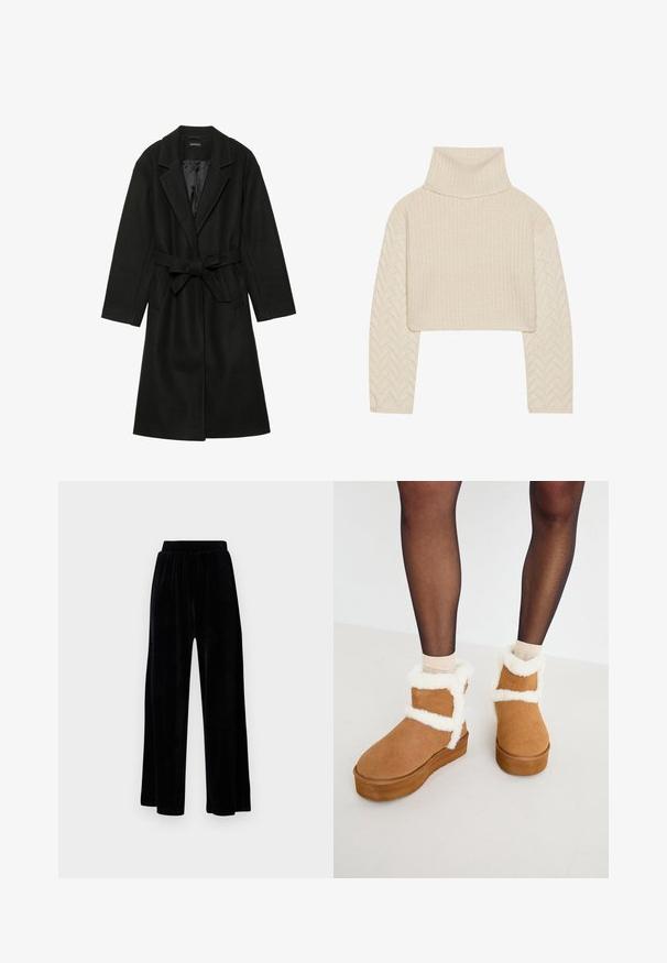 Even&Odd BELTED COAT - Klasikinis paltas - black; Kremo spalvos trumpas megztinis su aukštu kaklu, tekstūruoto mezgimo kūnu ir žuvies kaulų rašto rankovėmis. Pagamintas iš švelnios siūlų medžiagos.; Juoda plataus kirpimo kelnių pora, pagaminta iš minkštos velveto medžiagos, su elastingu juosmeniu ir glotnia tekstūra, be matomų detalių ar raštų.; Rudi suediniai aulinukai iki kulkšnies su balta dirbtine kailio apdaila ir platforminiu padu, turintys kryžminio dirželio dizainą. Lygi tekstūra ir apvalus pirštas.