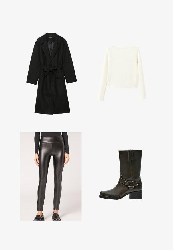 Even&Odd BELTED COAT - Klassisk frakke - black; Hvid, langærmet, ribbet striktrøje med let bådformet halsudskæring og lige kant.; Sorte faux læder leggings med høj talje, en glat tekstur og tætsiddende design, der har en strømlinet silhuet og minimal udsmykning.; Brune læder ankelstøvle med firkantet tå, kort blokhæL, og dekorativ spænde rem med sølvhardware. Glat tekstur, enkelt design.