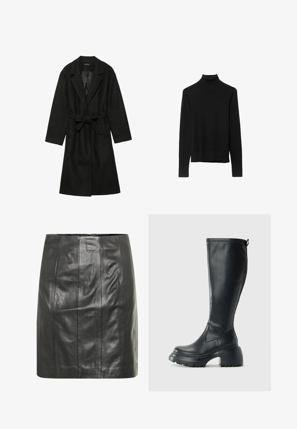 Even&Odd BELTED COAT - Klassischer Mantel - black; Schwarzer Rollkragenpullover aus weichem Strickstoff. Mit langen Ärmeln und einer engen Passform sowie einem geraden Saum.; Schwarzer Lederrock mit einer figurbetonten Silhouette, der vertikale Nähte für zusätzliche Textur und ein glattes Finish aufweist.; Hoher schwarzer Lederstiefel mit einer robusten Plateausohle und Blockabsatz, der über eine Zuglasche und ein strukturiertes Profil an der Außensohle verfügt.