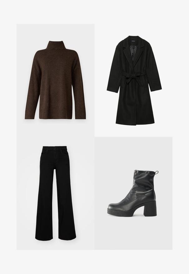 Even&Odd BELTED COAT - Klasičan kaput - black; Smeđi pleteni pulover s visokim rebrastim ovratnikom, širokim rukavima i mekanom teksturom. Ima opušten kroj i rebraste detalje na rukavima.; Crne široke traperice s čvrstim pojasom, petljama za remen i prednjim džepovima. Gladak teksturirani materijal s klasičnim dizajnom.; Crne gležnjače od glatke kože, s bočnim zatvaračem, debelim teksturiranim potplatom i dizajnom s zaobljenim prstima.