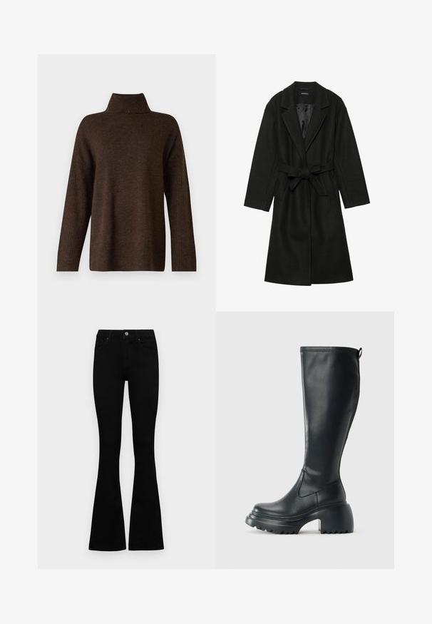 Even&Odd BELTED COAT - Klasický kabát - black; Hnědý pletený svetr s vysokým žebrovaným límcem, širokými rukávy a měkkou texturou. Má uvolněný střih a žebrované detaily na rukávech.; Černé vysoké džíny s knoflíkem a zipovým zapínáním, předními kapsami a rozšířenými nohavicemi, ležící na bílé podložce.; Vysoká černá kožená bota s masivní platformou a blokovým podpatkem, s poutkem a texturovaným vzorkem na podrážce.