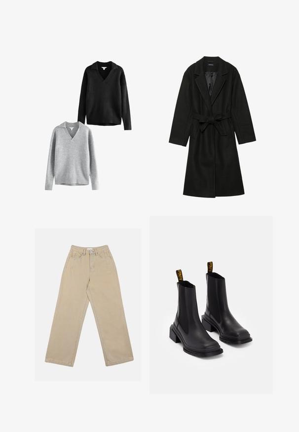 Even&Odd BELTED COAT - Cappotto classico - black; Maglioni a v neri e grigi con colletto, realizzati in morbido tessuto a maglia, con polsini e orli a coste, vestibilità comoda e dettagli minimi.; Pantaloni larghi beige in denim, con vita alta, tasche frontali e cuciture a contrasto. Il design include una chiusura con bottone.; Stivaletti neri alla caviglia in pelle liscia con pannelli elastici laterali, punta quadrata e tacco spesso. Presentano linguette gialle con logo.