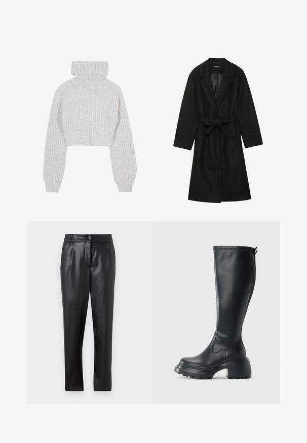 Even&Odd BELTED COAT - Mantel - black; Lichtgrijze, een geknipte gebreide trui met een hoge col, brede mouwen en een gestructureerd ribbelpatroon. Zacht materiaal met een iets losse pasvorm.; Zwarte leren broek met een gladde textuur, rechte pasvorm, elastische tailleband en een knoopsluiting aan de voorkant; geplooide details en taps toelopende pijpen.; Hoge zwarte leren laars met een chunky plateauzool en blokhak, voorzien van een trekband en een gestructureerd profiel op de buitenzool.