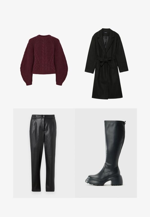 Even&Odd BELTED COAT - Klassikaline mantel - black; Burgundia kudumüts, millel on tekstureeritud nöörimuster, ümmargune kaelus ja puhvblödid. Ribikätised ja viimistle tähistavad disaini.; Mustad nahkpüksid, millel on sile tekstuur, sirge lõige, elastne vöökoht ja esine nupuga sulgemine; volditud detailid ja kitsenevad sääred.; Kõrge must nahksaapad, millel on massiivne platvormi tald ja blokk-kand, varustatud tõmbenööriga ja tekstuuriga väljatõmbejääk.