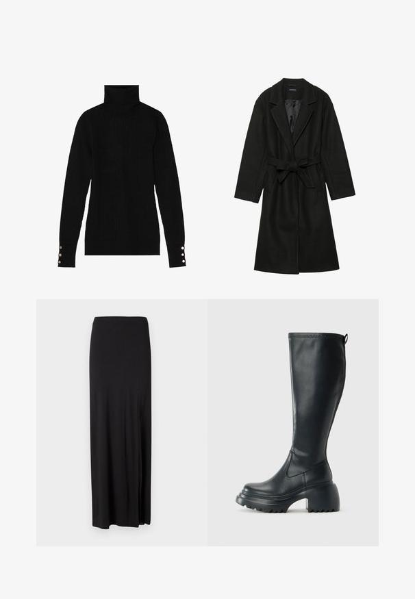 Even&Odd BELTED COAT - Klasisks mētelis - black; Melna augstpapēžu džemperis ar ribotu tekstūru. Iekļauj pieguļošas garas piedurknes ar trim sudraba pogām katrā aprocē.; Melnā maxi svārki ir izgatavoti no mīksta, elastīga materiāla. Iedarbība ir sānu šķiršanās un vienkāršs, plūstošs dizains bez rotājumiem.; Augstas melnas ādas zābakus ar masīvu platformu un bloka papēdi, ar vilkšanas cilpu un strukturētu profilu uz ārējā zoles.