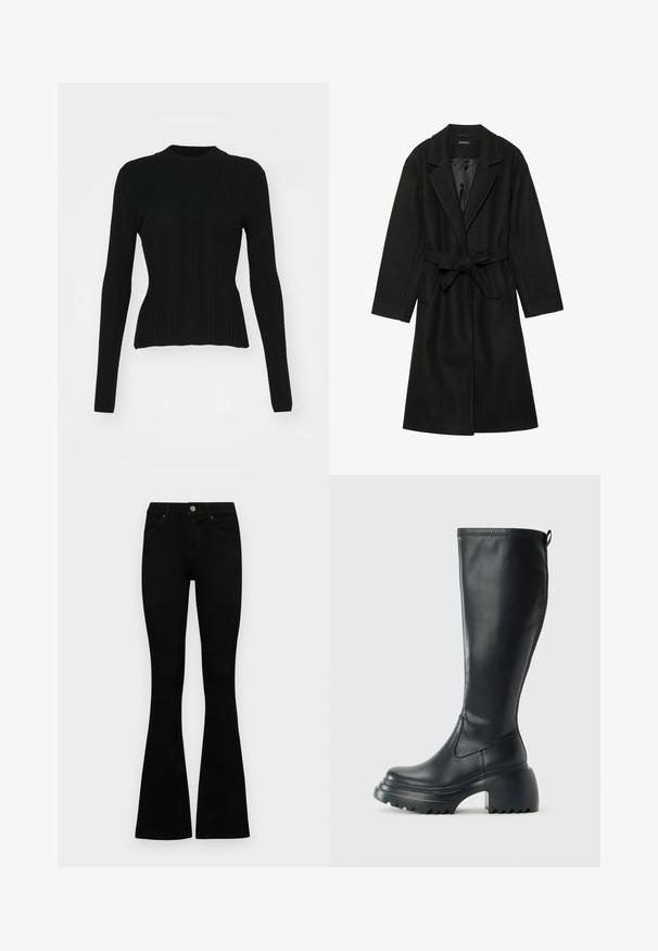 Even&Odd BELTED COAT - Klassinen takki - black; Mustat ribbed pitkähihainen neule, jossa on korkea kaula-aukko ja tiukka siluetti. Materiaali näyttää joustavalta ja siinä on pystysuoria viivoja. Helmassa lyhyempi leikkaus.; Mustat korkeavyötäröiset farkut nappi- ja vetskariyläosalla, etutaskuilla ja levenevillä lahkeilla, asetettuna tasaisesti valkoista taustaa vasten.; Korkeat mustat nahkakengät, joissa on paksu pohja ja lohkare korko, varustettuna vetonauhalla ja tekstuurilla ulkopohjassa.