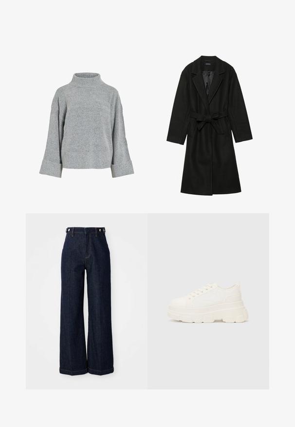 Even&Odd BELTED COAT - Palton clasic - black; Pulover din lână gri, tricotat, cu guler înalt, mâneci largi și țesătură texturată. Prezintă o croială lejeră și accente ciufulite la manșete și la tiv.; Jeans largi de culoare albastru închis, fabricați din denim, cu talie înaltă, design cu cinci buzunare și cusături portocalii contrastante.; Tenisi albi din pânză cu o talpă groasă, vârf rotund și cinci gauri pentru șireturi. Tab pentru ușurința la încălțare. Textură netedă, design minimalist.