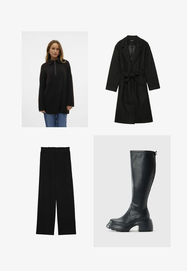 Even&Odd BELTED COAT - Klasikinis paltas - black; Juodasis megztinis iš vilnos mišinio su užtrauktuku uždengtu apykakle, laisvas kirpimas, grioveliais tekstūra ir ilgomis rankovėmis, derinamas su mėlynomis džinsomis.; Juodi platūs kelnes su volaniniu juosmeniu, turinčiu dvi šonines kišenes ir glotnią, lengvą medžiagą. Nėra matomų raštų ar detalių.; Ilgas juodos odinės batai su masyvi platforma ir stačiakampiu kulnu, turintys traukimo kilpą ir tekstūruotą pado raštą.