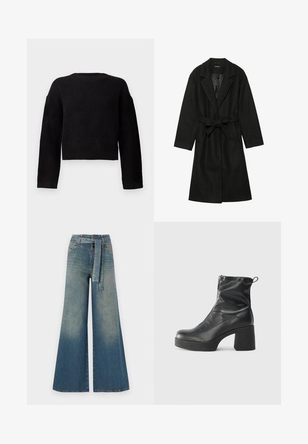 Even&Odd BELTED COAT - Klasični plašč - black; Črna pletena jopica z okruglim izrezom, dolgimi rokavi in skrajšano zasnovo. Teksturovan material z rebrastimi robovi in hemom.; Široke jeans hlače z gradientom od svetlo do temno modre, visokim pasom, zankami za pas in pasom iz istega materiala. Tekstura denim končnica.; Črne gležnjarje iz gladke kože z božnim zadrgo, masivnim teksturiranim peto in zaobljeno obliko prstov.