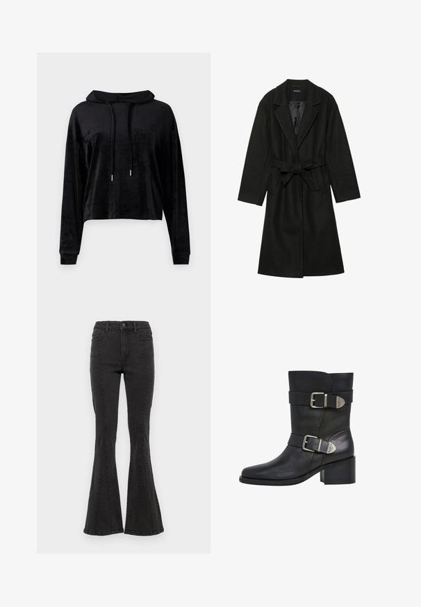 Even&Odd BELTED COAT - Klasický kabát - black; Čierna skrátená mikina s kapucňou vyrobená z mäkkého, hladkého materiálu. Obsahuje kapucňu s šnúrkami a zlatými akcentmi a dlhé rukávy s priliehajúcimi manžetami.; Čierne denimové rozšírené džínsy s vysokým pásom, obsahujúce bočné švy a čistý okraj na leme. Látka má hladkú textúru s miernym elastickým efektom.; Čierne kožené členkové topánky s dvoma nastaviteľnými popruhmi a striebornými sponami. Majú štvorcový špičku a blokový opätok pre stabilitu.