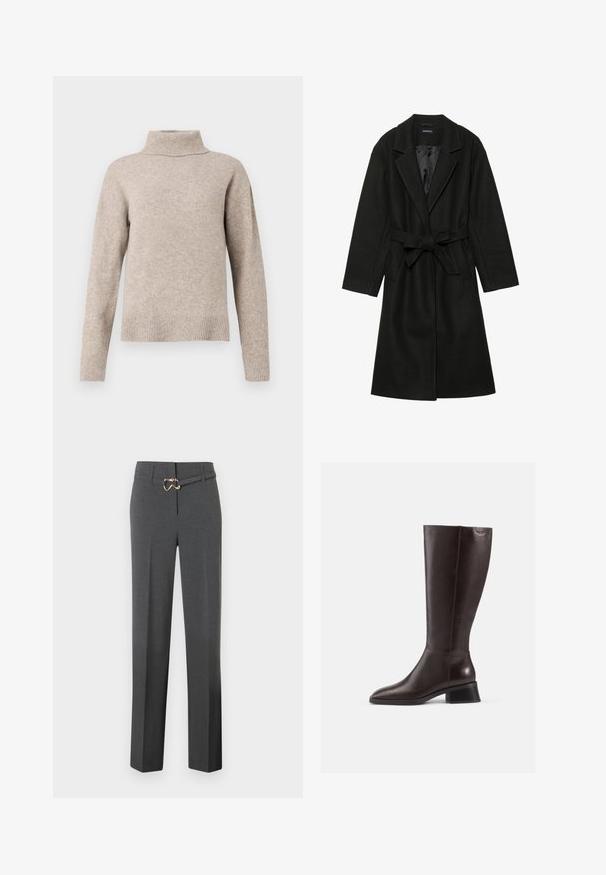 Even&Odd BELTED COAT - Klasszikus kabát - black; Beige garbónyakú pulóver puha kötött anyagból. Bordás gallérral és mandzsettával rendelkezik, enyhén túlméretezett, laza szabással.; Sötétszürke, szabott női nadrág egyenes lábakkal, vékony, azonos színű övvel, arany színű csattal.; Térdfeletti barna bőrcipők sima felülettel, lekerekített orral és fekete, rétegelt sarokkal. Egyszerű dizájn minimális fémszerelvényekkel.