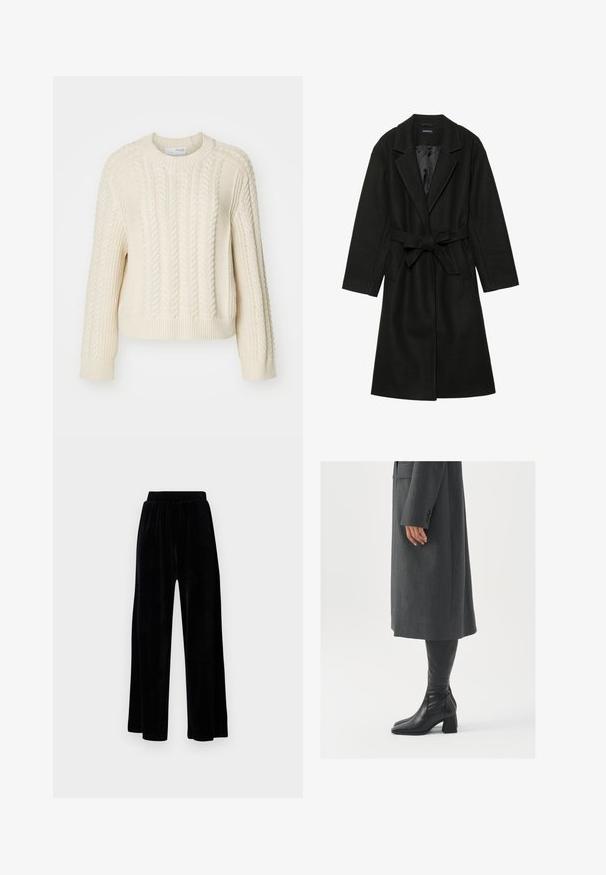 Even&Odd BELTED COAT - Klassisk kåpe / frakk - black; Kremfarget cable-knit genser med rund hals, lange ermer, ribbestrikkede mansjetter og nederkant, med teksturerte mønstre over hele kroppen.; Sorte vide bukser laget av myk vernet, med elastisk midjebånd og en jevn tekstur, uten synlige detaljer eller mønstre.; Grå, skreddersydd frakk med rett snitt; kombinert med knehøye svarte lærstøvler med firkantet tå og kraftig hæl.