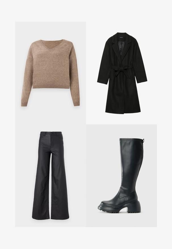 Even&Odd BELTED COAT - Klasisks mētelis - black; Gaiši brūns adīts džemperis ar V veida kakla izgriezumu, garām piedurknēm un ribotu apakšmalu. Maiga tekstūra ar nedaudz īsāku dizainu un bez redzamām rakstu zīmēm.; Melni, plata kāju bikses no mākslīgās ādas. Iespējas ietver augstu jostasvietu, jostu cilpas, divas priekšu kabatas un izšuvumu detaļas.; Augstas melnas ādas zābakus ar masīvu platformu un bloka papēdi, ar vilkšanas cilpu un strukturētu profilu uz ārējā zoles.