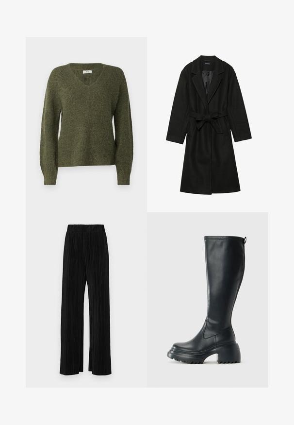 Even&Odd BELTED COAT - Casaco clássico - black; JDY JDYINGEBORG ADA LIFE V-NECK - Camisola - winter moss; Calças pregueadas pretas com uma cintura elástica. Apresentam pernas largas e um tecido liso, texturizado com riscas verticais.; Bota preta de couro alta com sola de plataforma robusta e salto bloco, apresentando puxador e padrão texturizado na sola.