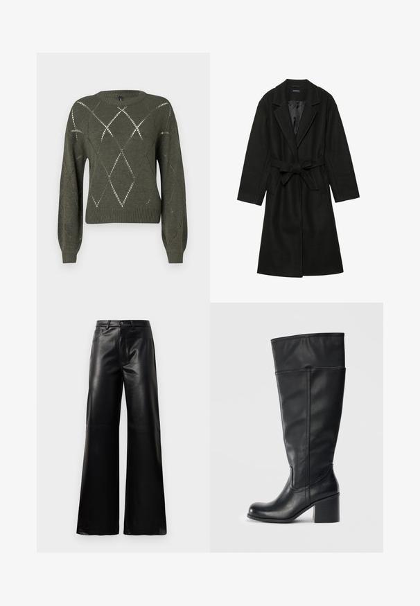 Even&Odd BELTED COAT - Klassisk kåpe / frakk - black; Strikket grønn genser med diamantformede utskjæringer, rund hals og lange ermer. Har ribbestrikkede mansjetter og nederkant med en strukturert finish.; Sorte høy midje vide ben bukser i imitert skinn med knapp foran, glidelås, beltehemper og sidelommer på hvit bakgrunn.; Knehøye svarte skinnstøvler med blokkhelning, glatt tekstur og sømdetaljer langs sidene. Enkelt og moderne design.