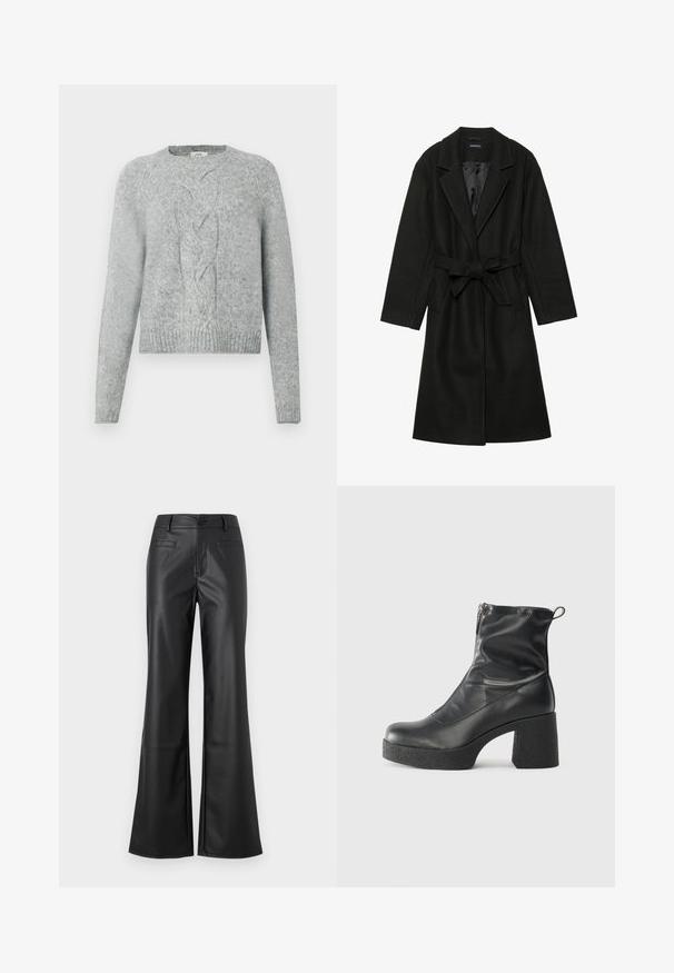 Even&Odd BELTED COAT - Klasszikus kabát - black; Világosszürke kötött pulóver hosszú ujjakkal, kerek nyakkal és középső fonott mintával az elején.; Fekete bőr, bő szabású nadrág sima textúrával, elöl gombos záródással és két hátsó zsebbel. Klasszikus dizájn modern szabással.; Fekete bokacsizmák sima bőrből, oldalsó cipzárral, vastag, texturált sarkú és lekerekített orrú dizájnnal.