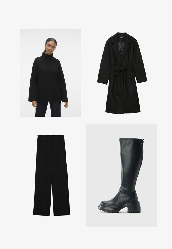 Even&Odd BELTED COAT - Klasikinis paltas - black; Juodas megztinis su polo apykakle, plačiomis rankovėmis ir raštuotais kaklų galais, pasižymintis minkšta tekstūra ir laisvu siluetu, dėvimas virš tamsių džinsų.; Juodi platūs kelnes su volaniniu juosmeniu, turinčiu dvi šonines kišenes ir glotnią, lengvą medžiagą. Nėra matomų raštų ar detalių.; Ilgas juodos odinės batai su masyvi platforma ir stačiakampiu kulnu, turintys traukimo kilpą ir tekstūruotą pado raštą.