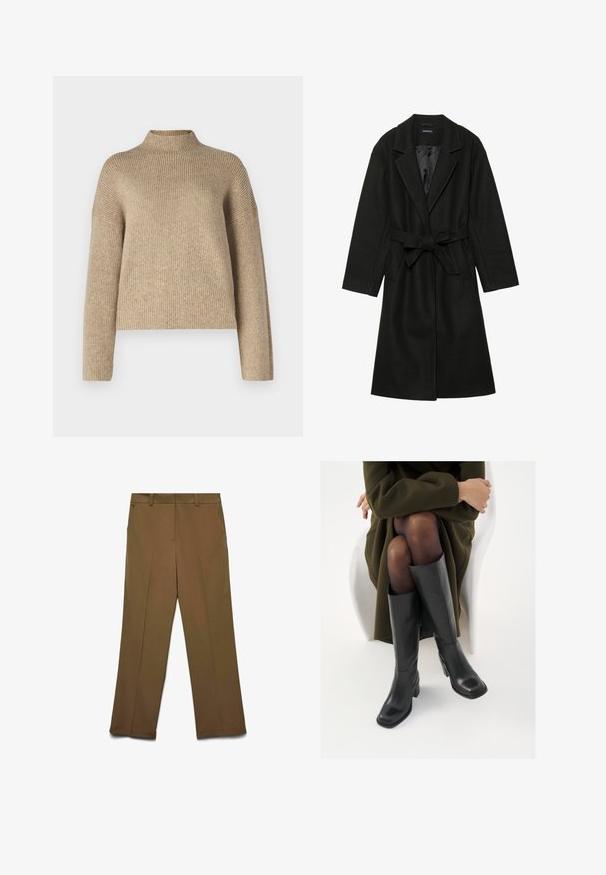 Even&Odd - Klasyczny płaszcz; Beżowy sweter prążkowany z wysokim kołnierzem, opuszczonymi ramionami i długimi rękawami. Wykonany z miękkiego, strukturalnego materiału, o luźnym kroju.; Brązowe spodnie typu wide-leg, o gładkiej fakturze, z szlufkami na pasek i bocznymi kieszeniami, charakteryzujące się dopasowanym krojem i czystymi liniami.; Kozaki skórzane do kolan w kolorze czarnym, z kwadratowym noskiem i słupkowym obcasem, pokazane na modelce siedzącej w oliwkowej zielonej kurtce. Gładka tekstura, minimalne detale.