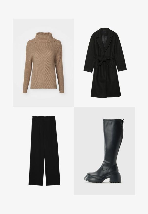 Even&Odd BELTED COAT - Classic coat - black; ONLY ONLKATIA SADDLE ROLL NECK - Jumper - malt ball; Black wide-leg trousers with a ruffled waistband, featuring two side pockets and a smooth, lightweight fabric. No visible patterns or hardware.; Tall black leather boot with chunky platform sole and block heel, featuring pull tab and textured tread on outsole.