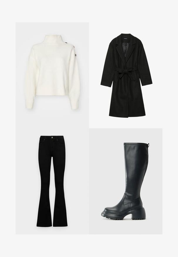 Even&Odd BELTED COAT - Abrigo clásico - black; Suéter blanco y esponjoso con un alto cuello acanalado, mangas amplias y dobladillo acanalado. Presenta botones en el hombro como detalle adicional.; Jeans negros de cintura alta con cierre de botón y cremallera, bolsillos frontales y piernas acampanadas, dispuestos sobre un fondo blanco.; Bota alta de cuero negro con suela de plataforma gruesa y tacón cuadrado, que cuenta con una lengüeta y un relieve texturizado en la suela exterior.