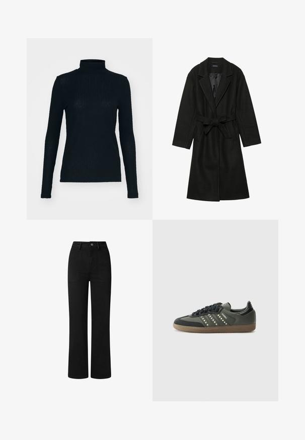 Even&Odd BELTED COAT - Klassischer Mantel - black; Schwarzes, langärmliges Rollkragenoberteil aus geripptem Stoff, mit passgenauer Silhouette und hohem Kragen. Glatte Textur mit subtiler Schattierung.; Schwarze, hochgeschnittene Hose mit geradem Bein, aus glattem Baumwollstoff. Mit frontalen Taschen und einem einfachen Metallknopfverschluss.; adidas Originals SAMBA OG - Sneaker low - core black/legend earth/gum