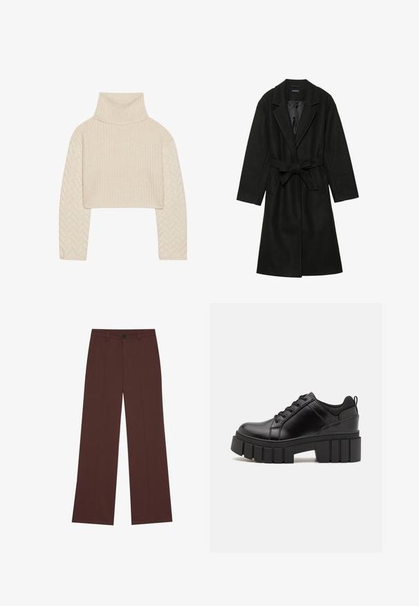 Even&Odd BELTED COAT - Klasický kabát - black; Krémově zbarvený zkrácený svetr s vysokým límcem, texturovaným pleteným tělem a rukávy s rybí kostrou. Vyrobeno z měkké příze.; Kalhoty s širokými nohavicemi vyrobené z bohaté hnědé látky. Obsahují zapínání na knoflík, dvě přední kapsy, hladkou texturu a čisté linie.; Černé kožené platformové boty s masivním blokovým podpatkem, kulatou špičkou a tradičním šněrováním. Mají hladký povrch a minimální detaily.