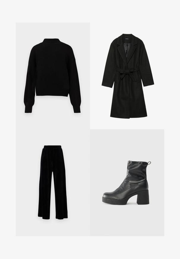 Even&Odd BELTED COAT - Κλασικό παλτό - black; Μαύρο πλεχτό πουλόβερ με ψηλό λαιμό, κατεβασμένα ώματα και μακριά μανίκια. Διαθέτει ριχτές μανσέτες και στρίφωμα για εφαρμοστή εμφάνιση.; Μαύρο παντελόνι με φαρδιά πόδια, φτιαγμένο από μαλακό βελούδο, με ελαστική μέση και λεία υφή, χωρίς ορατές λεπτομέρειες ή σχέδια.; Μαύρες μποτές μέχρι τον αστράγαλο από λείο δέρμα, με πλευρικό φερμουάρ, χοντρό υφασμάτινο τακούνι και στρογγυλή μύτη.