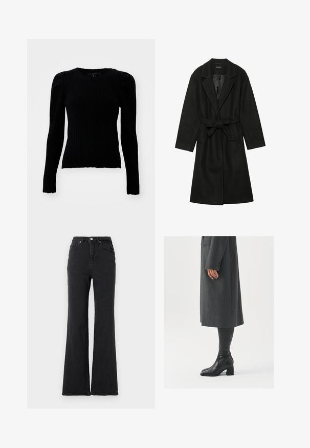 Even&Odd BELTED COAT - Klassischer Mantel - black; Vero Moda VMKIM UNECK - Strickpullover - black; Schwarze, hoch taillierte Jeans mit einem ausgestellten Bein, Knopfverschluss vorne und fünf Taschen-Design vor einem schlichten weißen Hintergrund.; Grau, maßgeschneiderter Überwurf mit geradem Schnitt; kombiniert mit knöchelhohen, schwarzen Lederstiefeln mit quadrater Zehenform und klobigem Absatz.