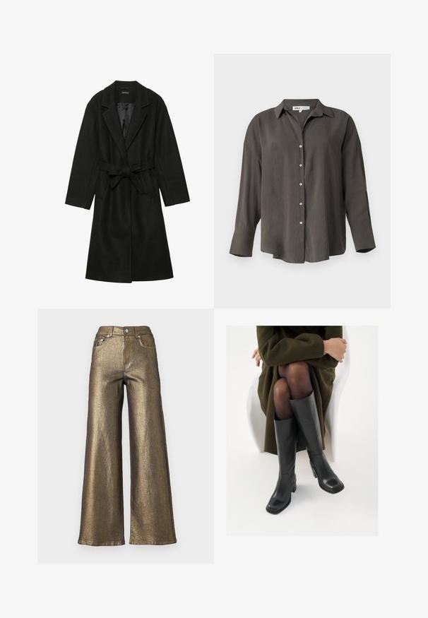 Even&Odd BELTED COAT - Abrigo clásico - black; Camisa de botón de manga larga en gris oscuro con cuello, que presenta un corte relajado, botones en la parte delantera y una textura de tela suave y ligera.; Jeans de pierna ancha hechos de tela dorada metálica con una textura brillante. Presentan una cintura alta, bolsillos frontales y un diseño clásico de cinco bolsillos.; Botas de cuero negro hasta la rodilla con puntera cuadrada y tacón de bloque, presentadas con un modelo sentado en un abrigo verde oliva. Textura suave, mínimo detalle.