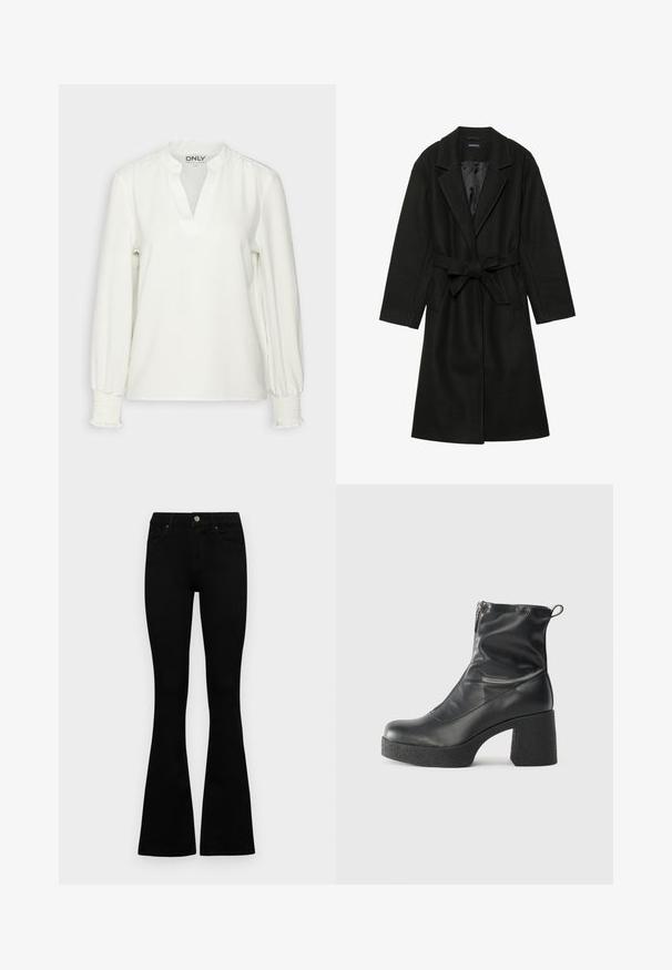 Even&Odd BELTED COAT - Cappotto classico - black; Maglietta bianca a maniche lunghe con scollatura a V e polsini arricciati. Realizzata in tessuto morbido, presenta una vestibilità rilassata e una sottile texture. Etichetta del marchio visibile.; Jeans neri a vita alta con chiusura a bottoni e zip, tasche frontali e gambali svasati, distesi su uno sfondo bianco.; Stivali neri alla caviglia in pelle liscia, con zip laterale, tacco spesso e texture, e punta arrotondata.