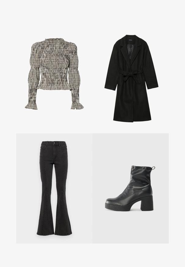 Even&Odd BELTED COAT - Palton clasic - black; Bluză cu elastică, având un model în carouri alb-negru-bej. Guler și manșete volanate, mâneci lungi, croială scurtă.; Jeans din denim negru, cu talie înaltă și fason evazat, având cusături laterale și un finisaj curat la tiv. Materialul are o textură netedă și ușor elastică.; Bocanci negri de glezna din piele netedă, cu fermoar lateral, toc texturat și masiv, și design cu vârf rotund.