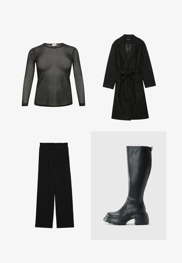 Even&Odd BELTED COAT - Klasický kabát - black; Čierny dlhý rukáv top s priesvitnou látkou a vzorom bodiek. Má okrúhly výstrih a priliehavý strih.; Čierne široké nohavice s volánovým pásom, obsahujúce dve bočné vrecká a hladký, ľahký materiál. Žiadne viditeľné vzory ani kovové príslušenstvo.; Vysoká čierna kožená čižma s masívnou platformou a blokovým podpätkom, s praktickým pútkom a textúrovaným vzorom na podošve.