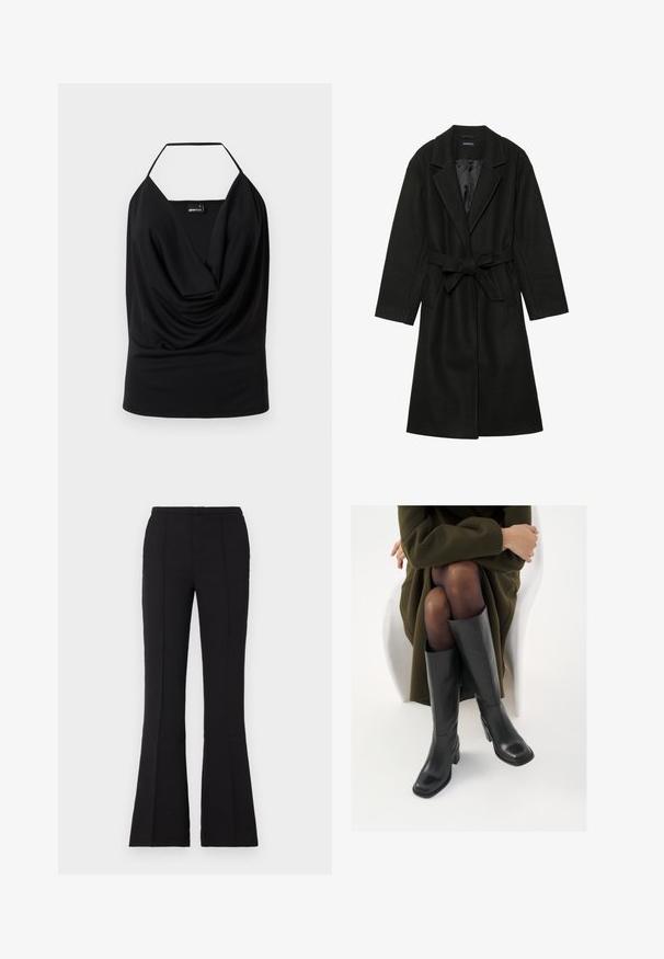 Even&Odd BELTED COAT - Klasisks mētelis - black; Melna halter top ar drapētu dekoltē, izgatavots no gludas auduma, ar atvērtu aizmuguri un bez redzamām detaļām vai akcentiem.; Melni izplūduši bikses, izgatavotas no gludas auduma, ar pieguļošu jostu, priekšējiem šuvju detaļām un nelielu izplūdumu, sākot no ceļa.; Ceļgalu augstuma melni ādas zābaki ar kvadrātu purngalu un bloku papēdi, attēloti modelī, kurš sēž olīvu zaļā mētelī. Gluda tekstūra, minimāla apdare.