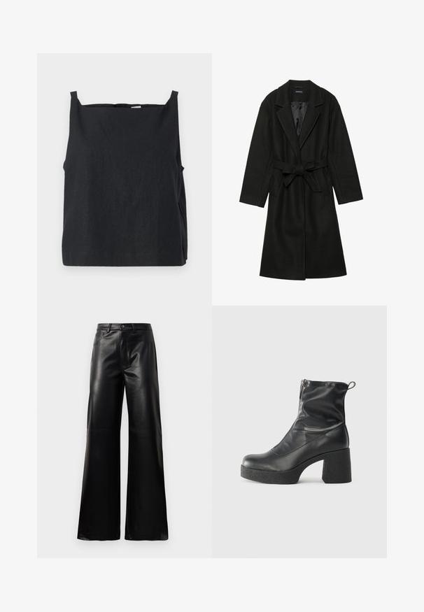 Even&Odd BELTED COAT - Abrigo clásico - black; Top negro sin mangas hecho de tela ligera. Diseño cuadrado con cuello redondo y tirantes estrechos. Textura suave, con detalles mínimos.; Pantalones de imitación de cuero negros de cintura alta y pierna ancha con botón frontal, cierre de cremallera, pasadores para cinturón y bolsillos laterales sobre fondo blanco.; Botines negros de tobillo, hechos de cuero suave, con cierre lateral, tacón grueso texturizado y diseño de punta redondeada.
