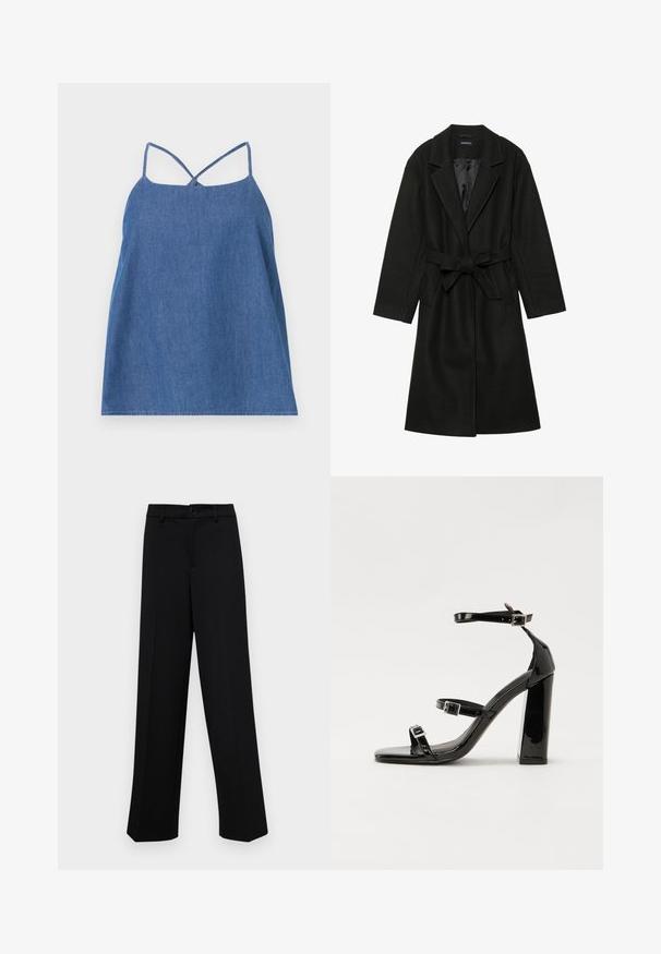 Even&Odd BELTED COAT - Classic coat - black; Denim sleeveless top in dark blue. Features thin straps, a loose-fitting design, and a straight hem. Smooth texture with a slight sheen.; Black wide-leg trousers made of smooth fabric, featuring a classic waistband with a button closure and front pleats.; Black patent heeled sandals with a square toe, ankle straps, and silver buckles. Features a chunky block heel for stability.