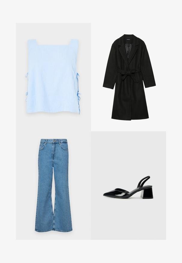 Even&Odd BELTED COAT - Klasický kabát - black; Světle modrý lněný top se čtvercovým výstřihem a bočními stahovacími šňůrkami. Má hladkou texturu a volný, čtvercový střih. Sofistikovaný a minimalistický design.; Světle modré rozšířené džíny z denimu, se zvýšeným pasem, pěti kapsami a jedním knoflíkem na zapínání. Měkký povrch s vybledlým vzhledem.; Černé lakované kožené lodičky na pásku s špičatou špičkou a geometrickým blokovým podpatkem. Vyznačují se elegantním, minimalistickým designem a hladkým povrchem.