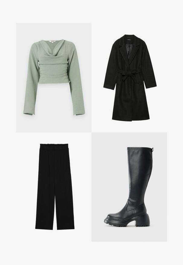 Even&Odd BELTED COAT - Classic coat - black; Cropped long-sleeve top in soft, textured mint green fabric. Features a draped cowl neckline and fitted design, with a horizontal seam detail.; Black wide-leg trousers with a ruffled waistband, featuring two side pockets and a smooth, lightweight fabric. No visible patterns or hardware.; Tall black leather boot with chunky platform sole and block heel, featuring pull tab and textured tread on outsole.
