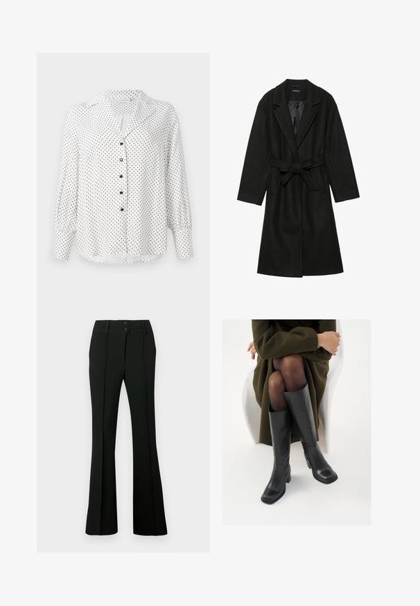 Even&Odd BELTED COAT - Klassischer Mantel - black; Weiße Bluse mit langen Ärmeln und schwarzen Punkten, schwarzen Knöpfen auf der Vorderseite, einem Kragen und breiten Manschetten an den Ärmeln.; Schwarze, ausgestellte Hose aus glattem Stoff mit hohem Bund und zwei Knöpfen sowie vorderen Abnähern für eine taillierte Optik.; Knöchelhöhe schwarze Lederstiefel mit quadrater Spitze und Blockabsatz, gezeigt mit einem Modell, das einen olivgrünen Mantel trägt. Glatte Textur, minimale Details.