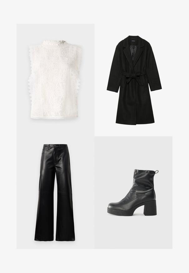 Even&Odd BELTED COAT - Klasický kabát - black; Biela čipkovaná top s bezrukávmi, ktorý má vysoký riasený golier, kvetinové vzory a zúbkové okraje pre zvýraznenie textúry a detailov.; Čierne vysokopriestené široké nohavice z umelého kože s predným gombíkom, zipsom, pútkami na opasok a bočnými vreckami na bielom pozadí.; Čierne členkové topánky z hladkej kože, so bočným zipsom, robustnou textúrovanou pätnou časťou a zaobleným dizajnom špičky.