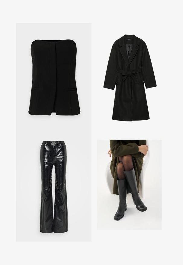 Even&Odd BELTED COAT - Klasický kabát - black; Čierny bezrukávový top s rovnou výstrihom, predným zapínaním a dvoma skrytými bočnými vreckami. Hladká látka s prispôsobeným strihom.; Čierne umelé kožené nohavice s rozšírenými nohavicami a lesklým povrchom, s vysokým pásom, prednými vreckami a striebornými kovovými akcentmi.; Čierne kožené čižmy po kolená so štvrtým prstom a blokovým opätkom, zobrazené s modelom sediacim v olivovo zelenej bunde. Hladká textúra, minimálne detaily.