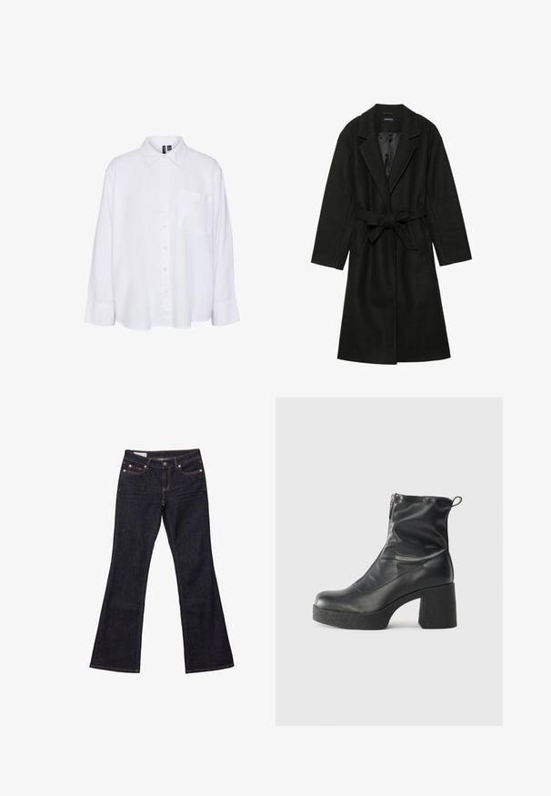 Even&Odd BELTED COAT - Klassinen takki - black; Valkoinen pitkähihaisenpaidat, jossa on kaulus, napitettava etuosa, yksi rintatasku, rento malli ja pehmeä kankaan tekstuuri.; Tummansiniset kulutetut farkut, joissa on viisi taskua, kupariset niitit ja erottuvat ompeleet. Samettinen pinta suorella ja rentolla istuvuudella.; Mustat nilkkurit, jotka on valmistettu sileästä nahasta. Niissä on sivuvetoketju, paksu teksturoitu korko ja pyöristetty kärki.