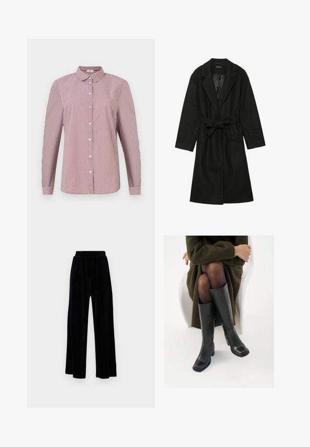 Even&Odd BELTED COAT - Palton clasic - black; Cămașă cu mânecă lungă, în dungi roșii și albe, cu guler și nasturi albi, având o croială lejeră și o textură fină din bumbac.; Pantaloni negri cu picioare largi, din catifea moale, prevăzuți cu un corset elastic și o textură fină, fără detalii sau modele vizibile.; Cizme din piele neagră, până la genunchi, cu vârf pătrat și toc bloc, prezentate pe un model așezat într-o haină verde măsline. Textură netedă, detalii minime.